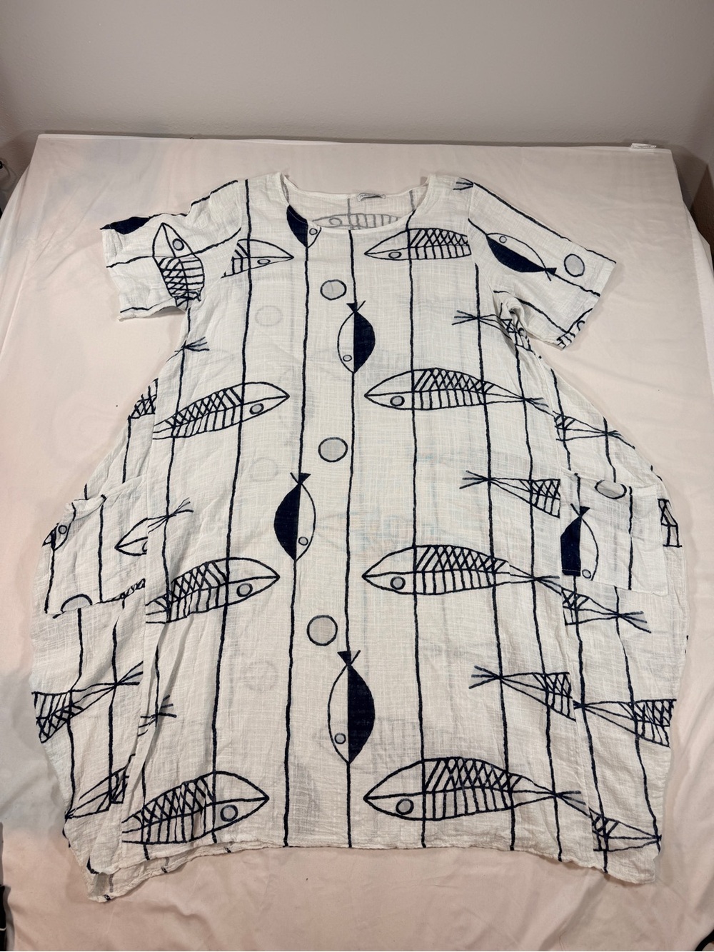 Made in Italy Cotton dress Fish Pattern Nautical Coastal Boho PtP 23”